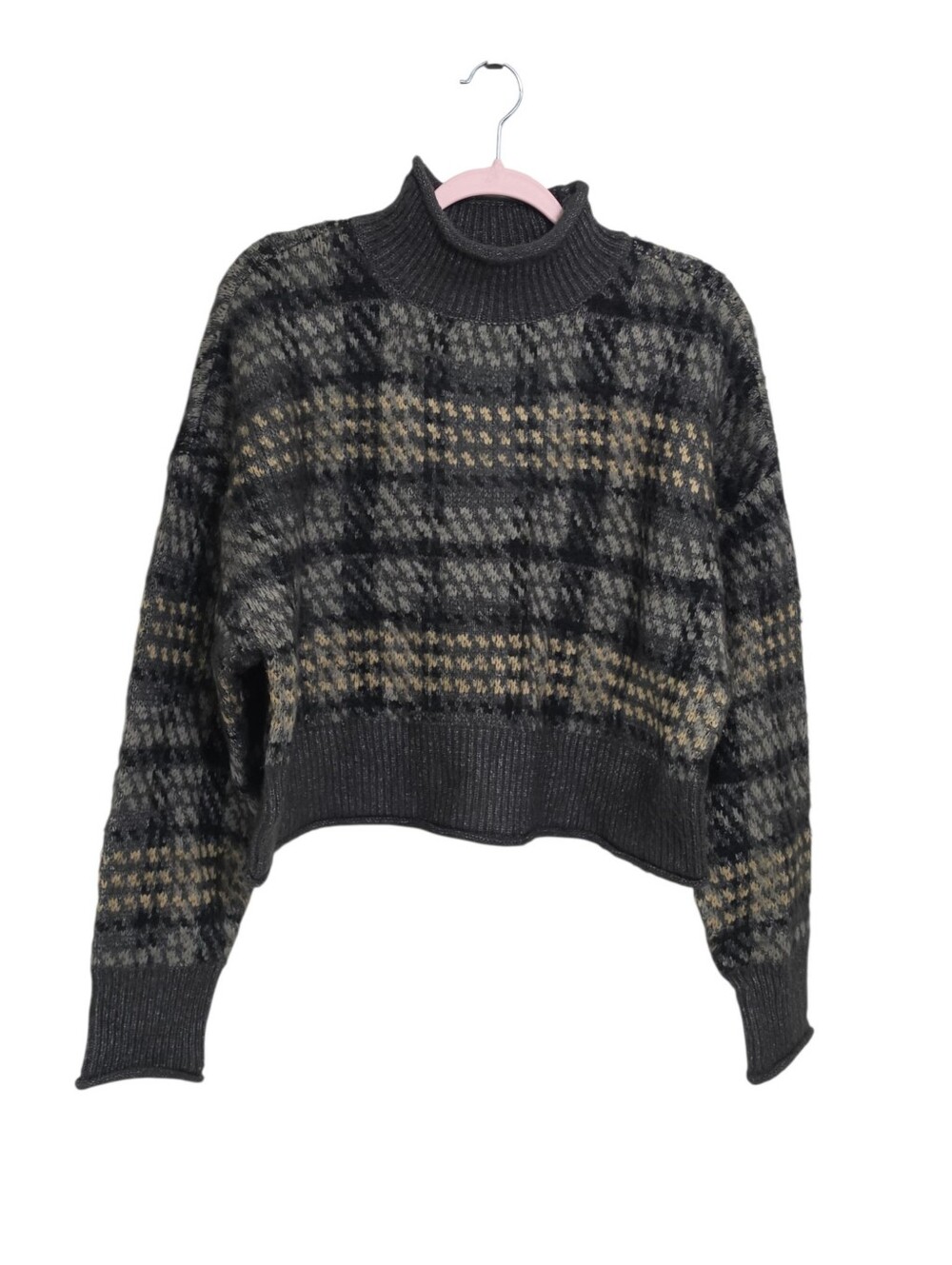 Arizona Gray Houndstooth Chunky Boxy Sweater M/L Roll Neck Academia Equestrian